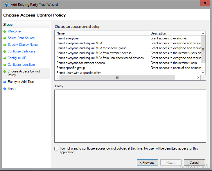 Screenshot that shows the Choose Access Control Policy screen.