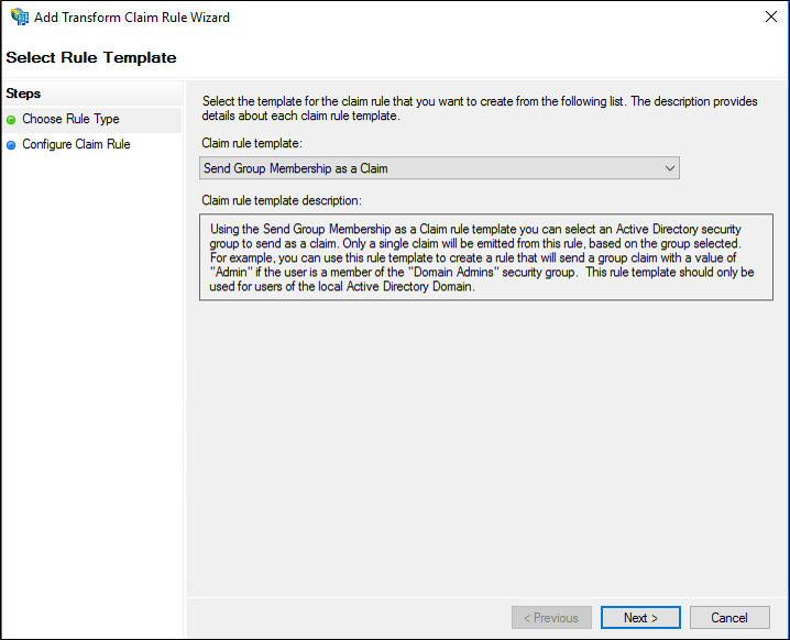 Screenshot that shows where to select the Send Group Membership as Claim template when you create a rule to send group membership as a claim on a Relying Party Trust in Windows Server 2016.