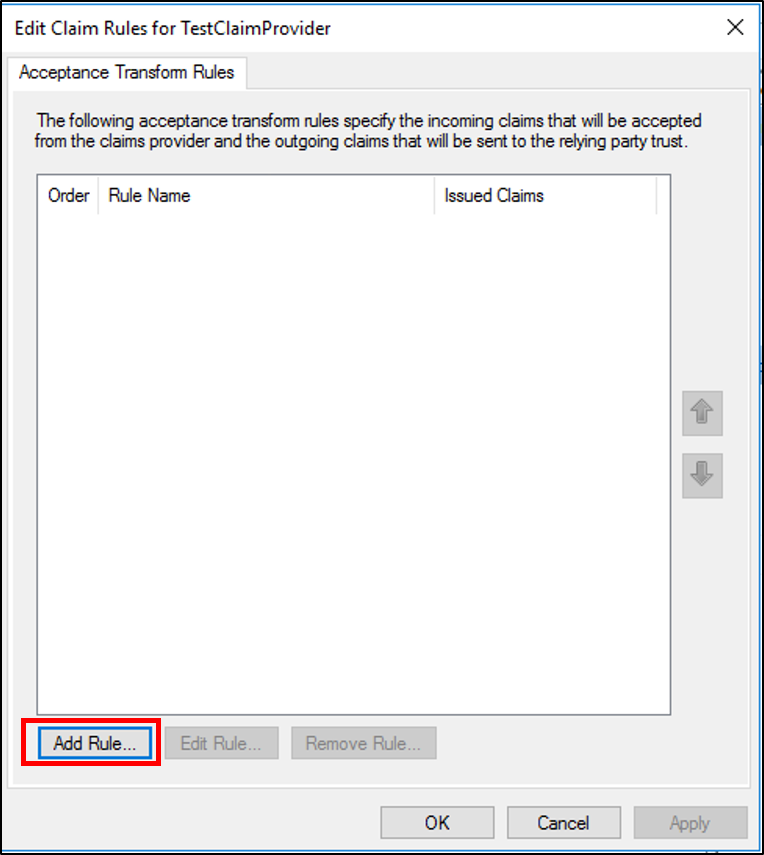 Screenshot that shows where to select Add Rule when you create a rule to transform an incoming claim on a Claims Provider Trust in Windows Server 2016.