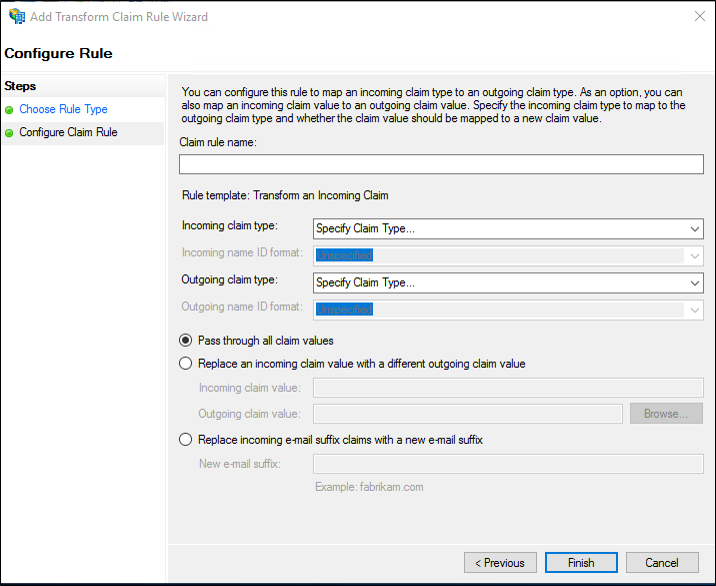 Screenshot that shows where to type the claim rule name when you create a rule to transform an incoming claim on a Relying Party Trust in Windows Server 2016.