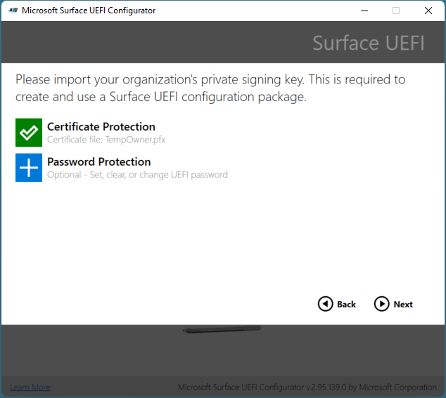 Add the SEM certificate and Surface UEFI password to configuration package.