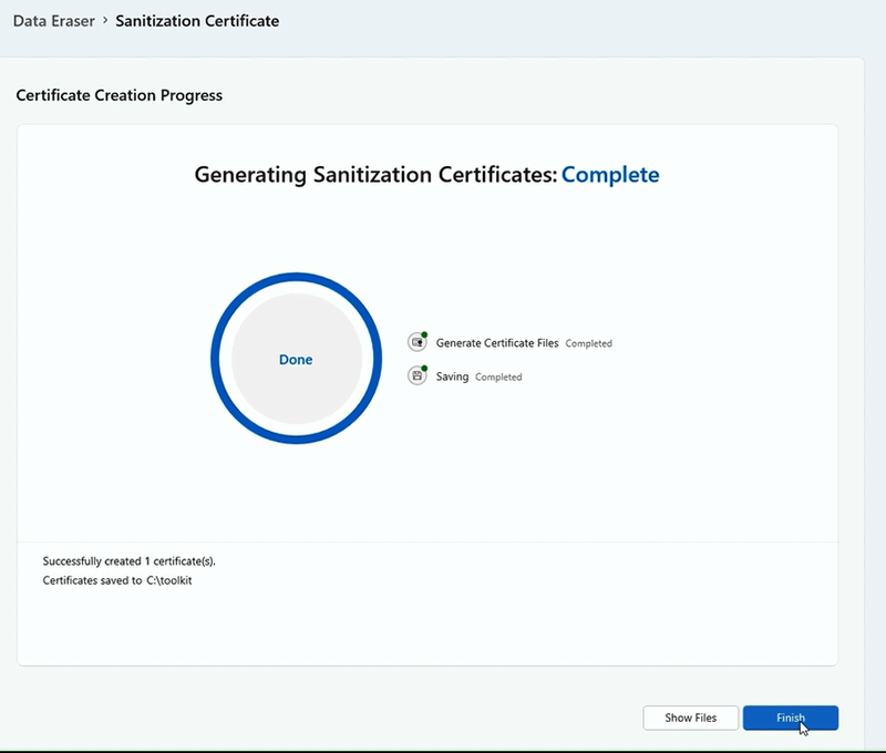 Screenshot that shows Certificate Generation is complete.