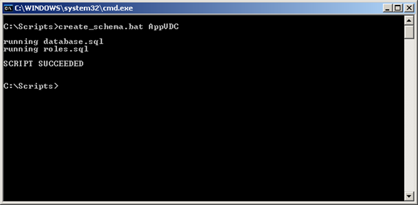 Screenshot of command prompt running create_schema.bat with example output.