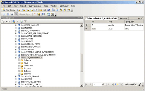 Screenshot of SQL Server Management Studio, object explorer showing the dbo.ROLE_ASSIGNMENTS table and ADMIN role.