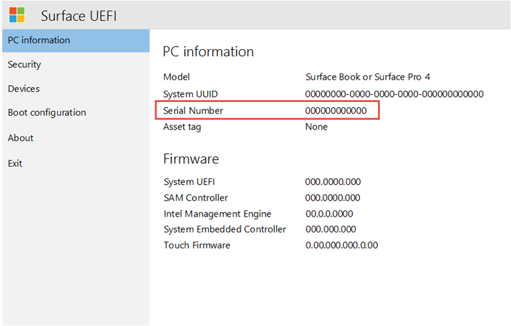 Serial number of Surface device is displayed.