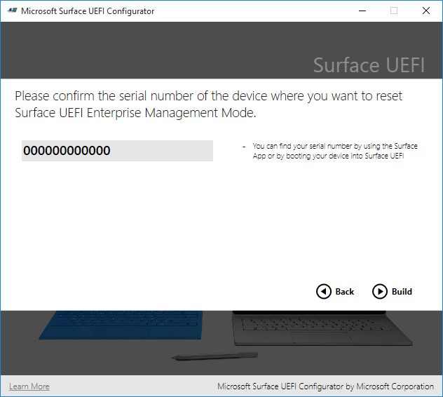 Create a Surface UEFI reset package with serial number of Surface device.