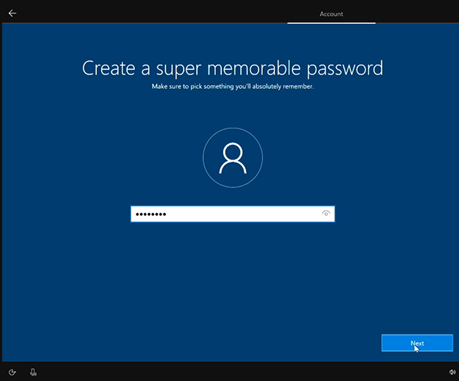 This screenshot shows the field to enter a memorable password for local admin account.