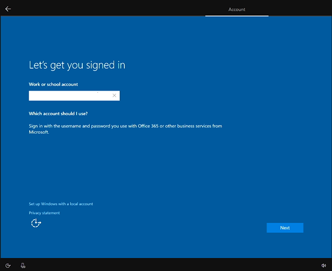 The screenshot shows the dialog to sign in with a work or school account.