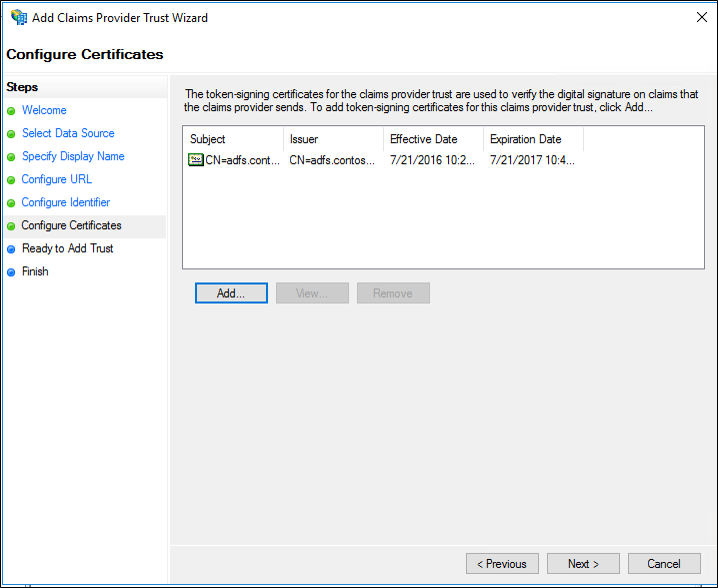 Screenshot that shows how to locate a certificate file and add it to the list of certificates.