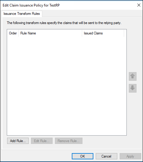 Screenshot that shows where to select Add Rule when you create a rule to transform an incoming claim on a Relying Party Trust in Windows Server 2016.