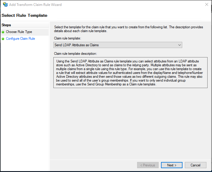 Screenshot that shows where to select the Send LDAP Attributes as Claims template when you create a rule to send LDAP attributes as claims for a Relying Party Trust in Windows Server 2016.