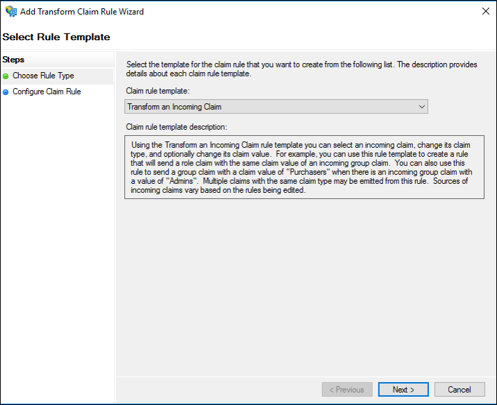Screenshot that shows where to select the Transform an Incoming Claim when you create a rule to transform an incoming claim on a Relying Party Trust in Windows Server 2016.