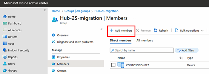 Screenshot that shows how to add members to a security group in Intune admin center.