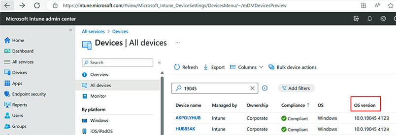 Screenshot of Surface Hub 2S devices enrolled in Microsoft Intune admin center.