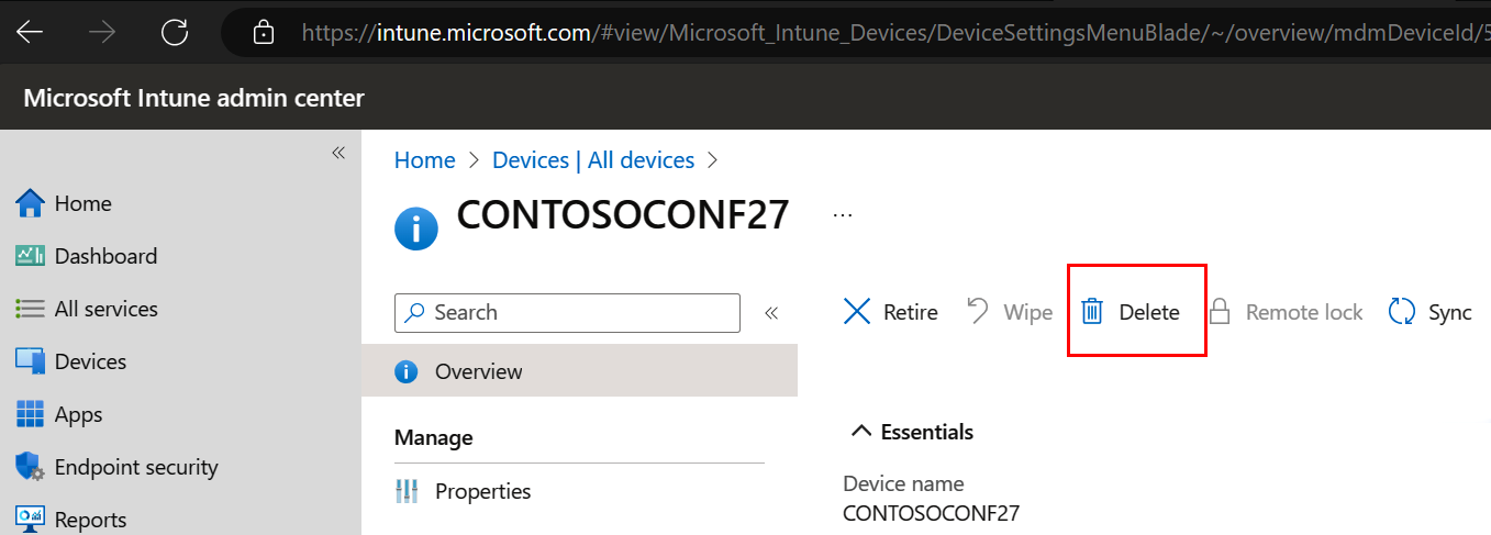 Screenshot that shows removal of Surface Hub 2S from Intune.