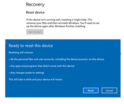 Screenshot of Reset and recovery for Surface Hub.