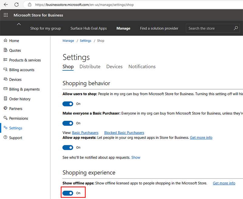 Screenshot that shows how to enable offline apps in Microsoft Store for Business.