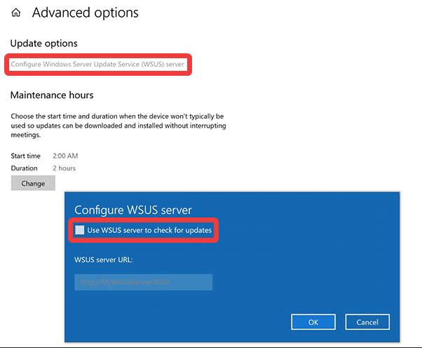 Image showing where to find Surface Hub WSUS configuration setting.