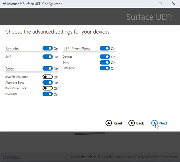 Screenshot showing advanced settings to turn on or off.