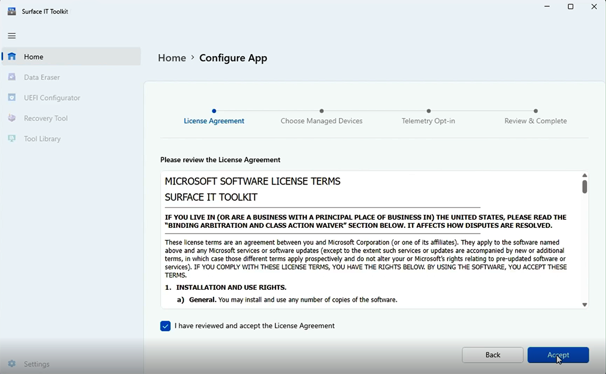 Screenshot of License Agreement for Surface IT Toolkit.