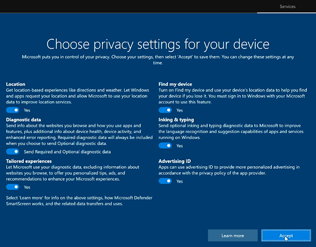 This screenshot shows the dialog to choose privacy settings.