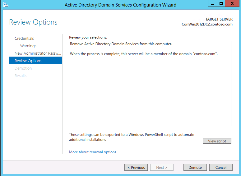Screenshot of the final Review Options page of the Active Directory Domain Services Configuration Wizard.