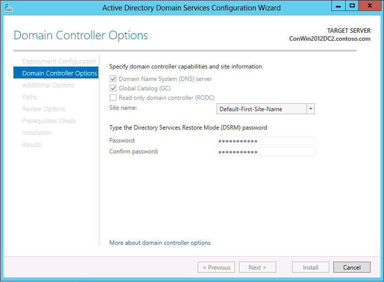 Screenshot of the Domain Controller Options page of the Active Directory Domain Services Configuration Wizard showing the options that appear when you are adding a domain controller to a domain.