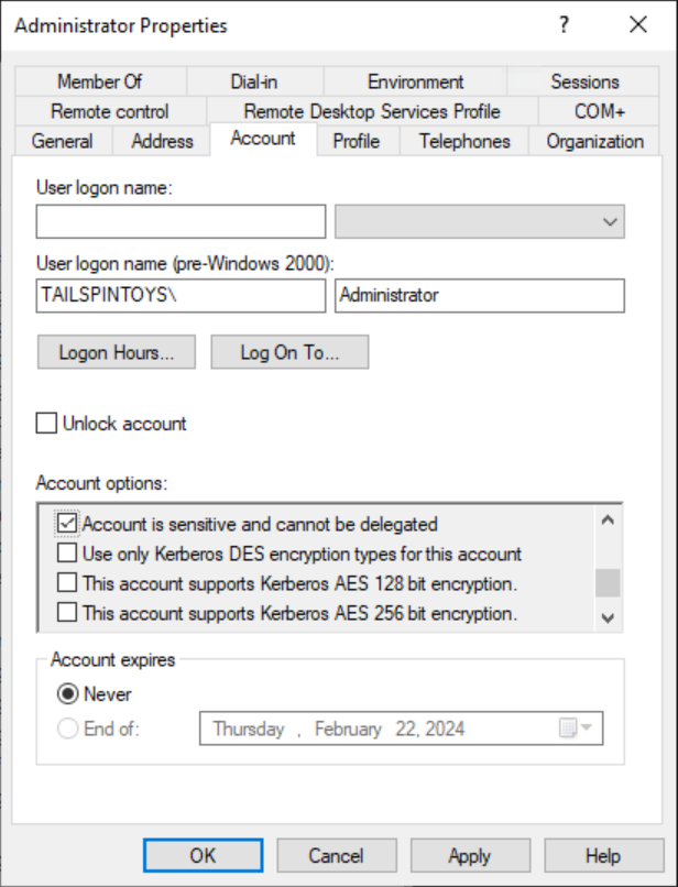 Screenshot that shows the Account is sensitive and cannot be delegated check box.