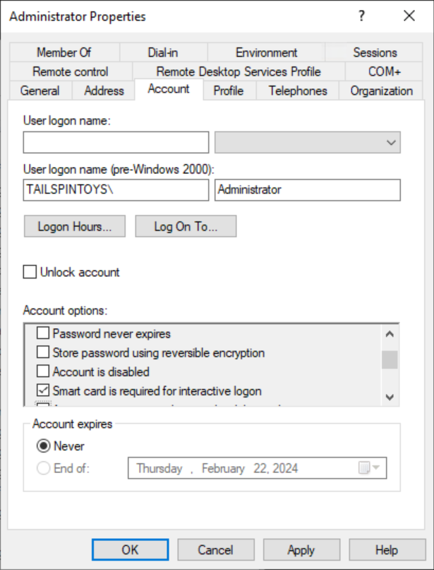 Screenshot that shows the Smart card is required for interactive login check box.