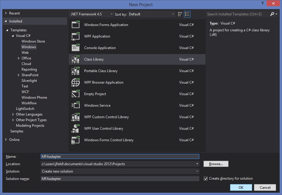 Screenshot of the New Project dialog box showing the Class Library option selected.
