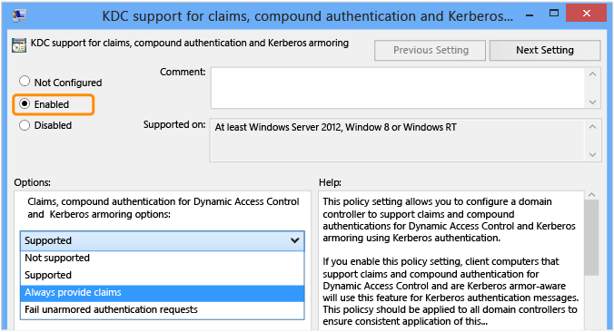 Under Options, in the drop-down list box, select **Always provide claims