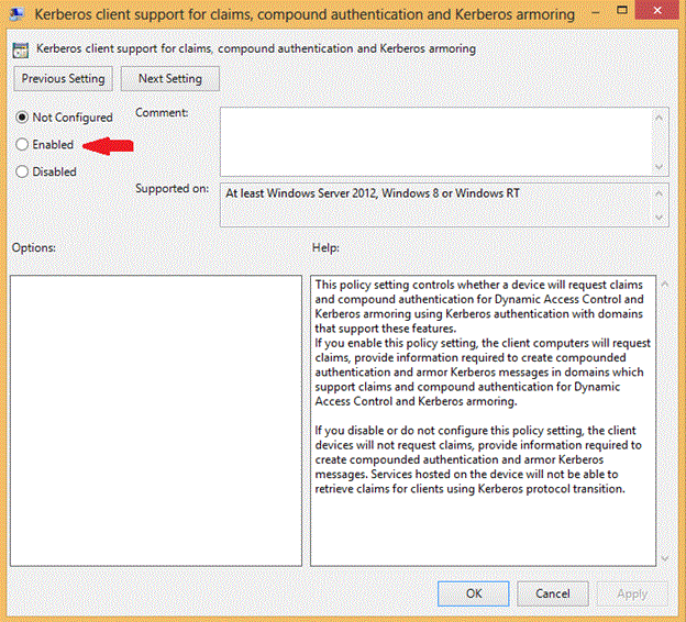 Screenshot showing how to use Group Policy or Local Group Policy Editor to enable Kerberos client support for claims, compound authentication and Kerberos armoring