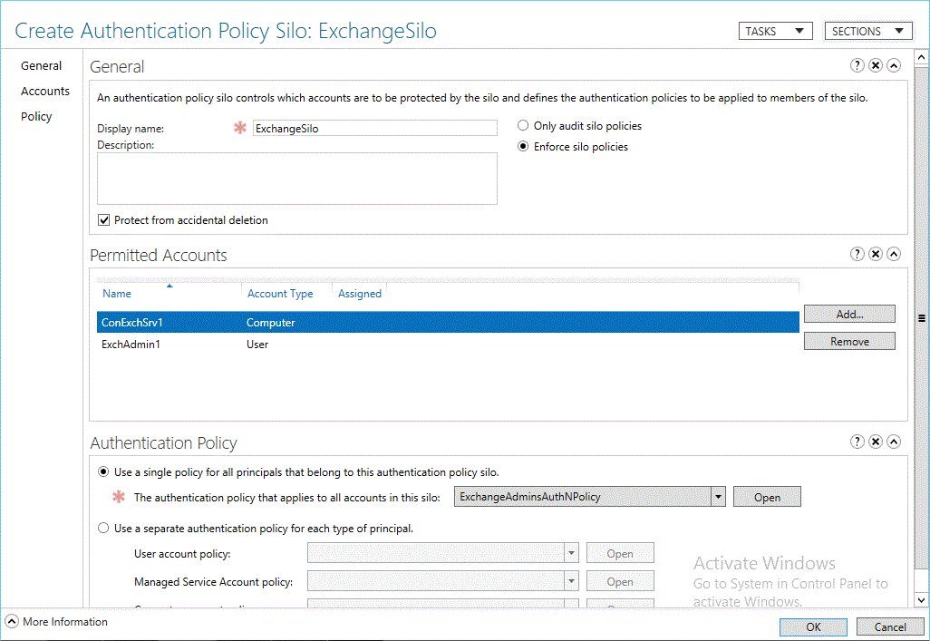 In Display name, type a name for the silo. In Permitted Accounts, click Add, type the names of the accounts, and then click OK