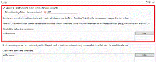 Screenshot showing how to restrict initial authentication by configuring a TGT lifetime and access control conditions to restrict user sign-on