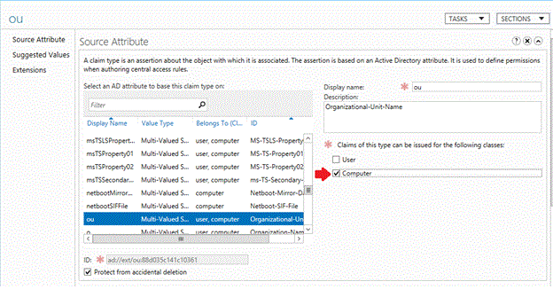 Screenshot showing how to restrict authentication based on the organizational unit (OU) of the computer