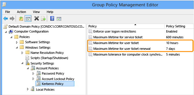 Screenshot of the Group Policy Management Editor window showing how the domain controller sets the TGT lifetime and renewal based on the domain policy