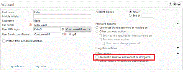 Screenshot showing where to check Account is sensitive and cannot be delegated UI element