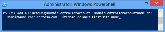 Screenshot of the PowerShell window showing the full Add-addsreadonlydomaincontrolleraccount cmdlet.