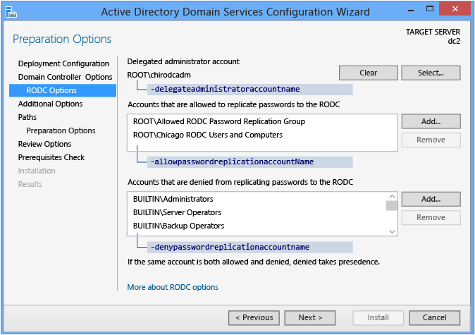 Screenshot of the RODC Options page of the Active Directory Domain Services Configuration Wizard when there is no staging deployment.