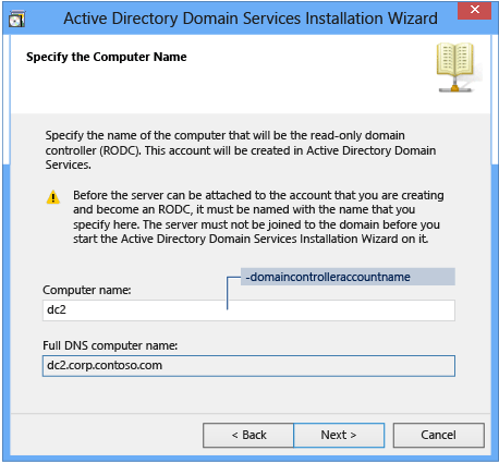 Screenshot of the Specify the Computer Name page of the Azure Directory Domain Services Installation Wizard.