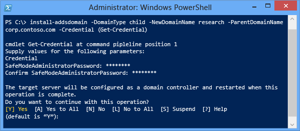 Screenshot of a terminal window that shows the installation phase with the minimum required arguments of -domaintype, -newdomainname, -parentdomainname, and -credential.