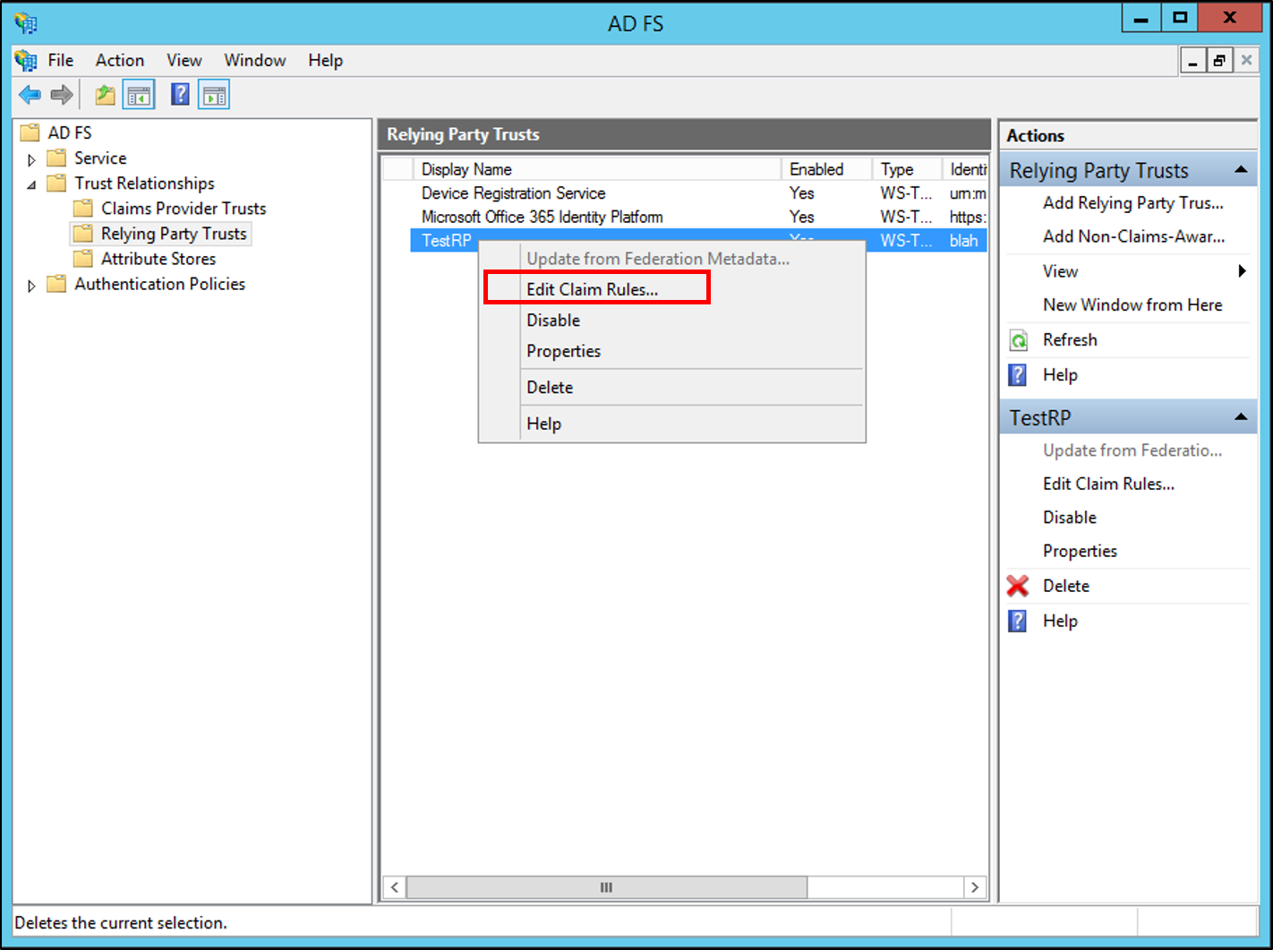 Screenshot that shows where to select the Edit Claim Rules menu option when you create a rule to issue an AD FS 1.x Name ID claim on Windows Server 2012 R2.
