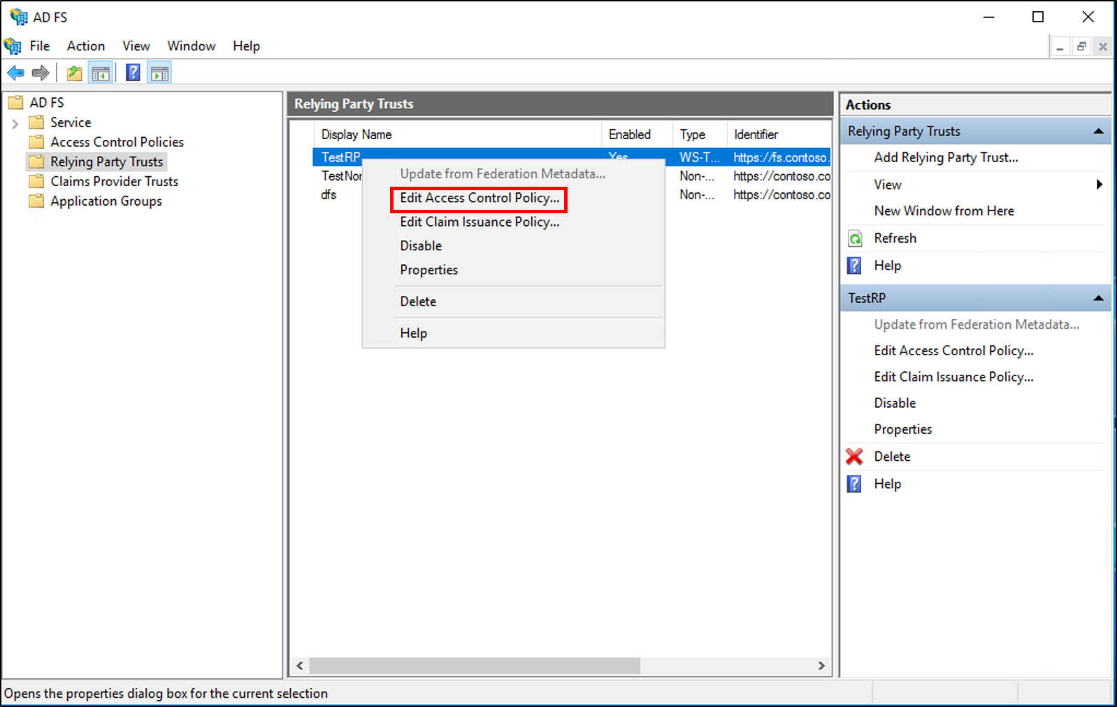 Screenshot that shows where to select Edit Access Control Policy.