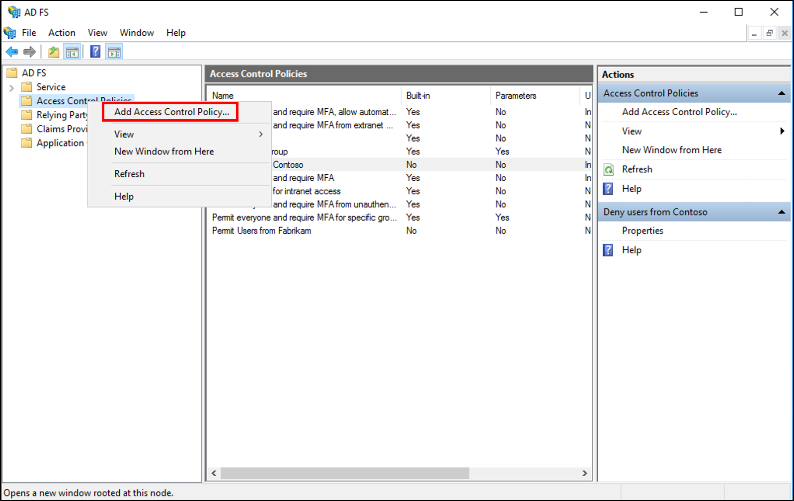 Screenshot that highlights the Add Access Control Policy menu option.