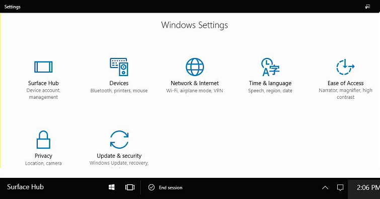 Screenshot that shows Settings app for Surface Hub.