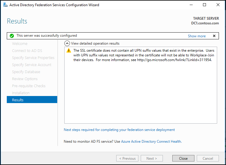 Screenshot that shows an installation where the certificate contains a SAN.