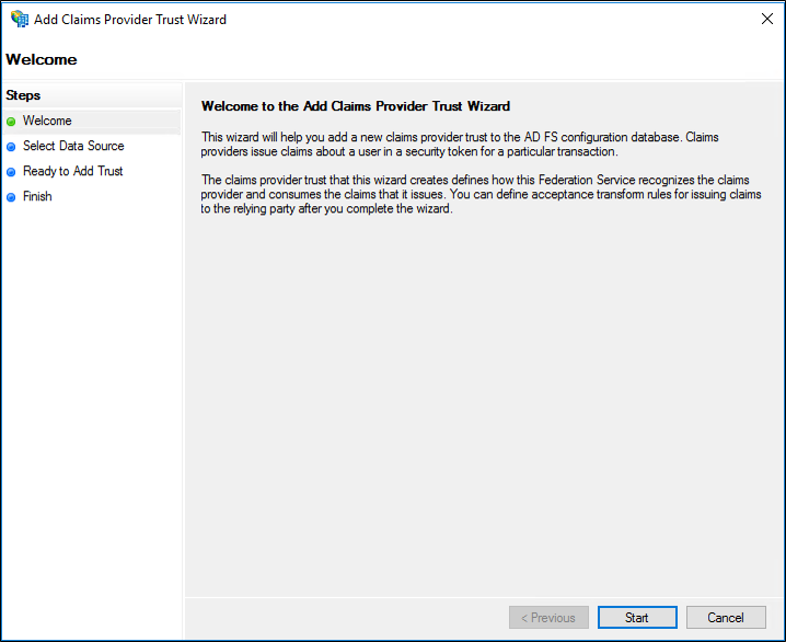 Screenshot that shows the Welcome page in the Add Claims Provider Trust wizard.