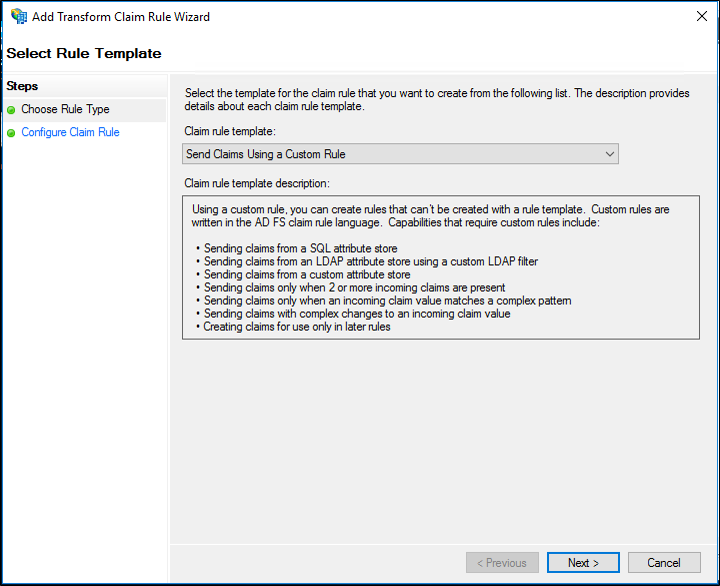 Screenshot that shows where to select the Send Claims Using a Custom Rule when you create a rule to pass through or filter an incoming claim on a Relying Party Trust in Windows Server 2016.