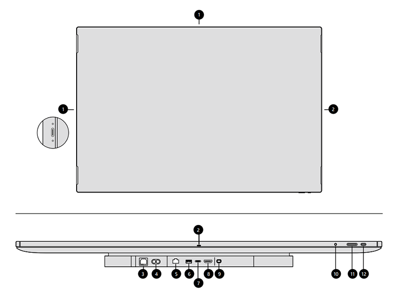 Front facing and underside view of I/O connections and physical buttons.