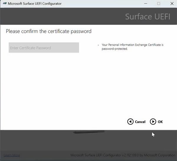 Screenshot that shows screen to enter the certificate’s private key’s password.